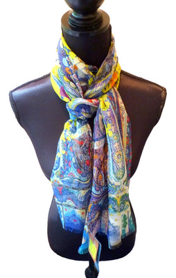 Etro Scarf Shawl Wrap Blue Lime Silk Blend Etro Print Oblong 15 NWT