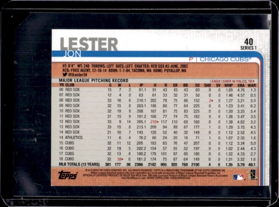 2019 Topps On-Demand Mini Jon Lester Pink #7/25 Cubs - Image 2 of 2