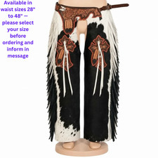 Black White Cowhide Chaps Cross Tooled Yoke Two Tone Fringe Rodeo Women