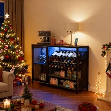 Wine Cabinet with Power Outlet Wood Liquor Cabinet with Light Strip & Mesh Door