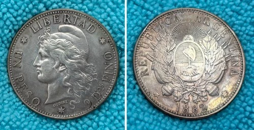 1882 Argentina Republic Silver PESO KM-29 AU DETAILS