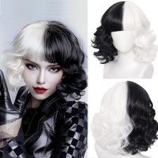 Cruella Wigs,Half Black and White Wigs for Women Ladies,Synthetic Short Bob Wav