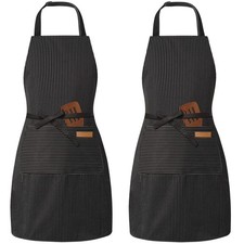 2 Pack Adjustable Bib Apron with 2 Pockets Chef Cooking Kitchen Black Pinstripe