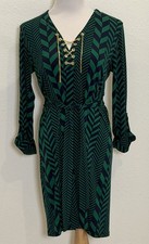 Michael Kors Green Navy Chevron Print Gold Chain Shift Dress Medium Belt Office