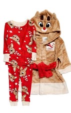Toddler Boys Girls Red Plush Rudolph Reindeer Bath Robe Pajamas Sleep Set