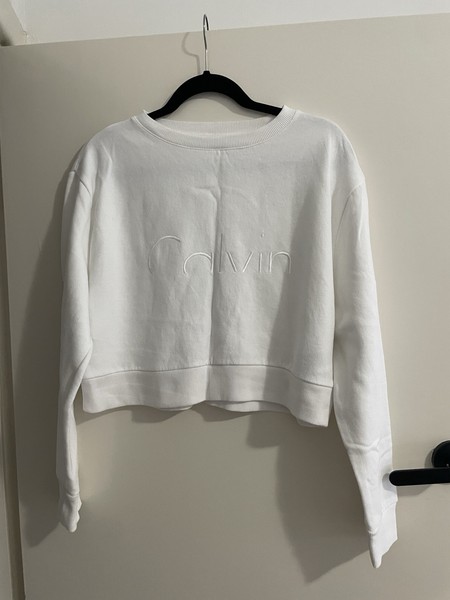 Calvin Klein Jeans Women’s White Cropped Crew Neck Fleece Sweatshirt Pullover  M
