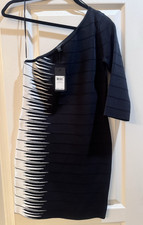 GUESS One Shoulder Colorblock Bodycon Dress Black White 3/4 Sleeve Size L