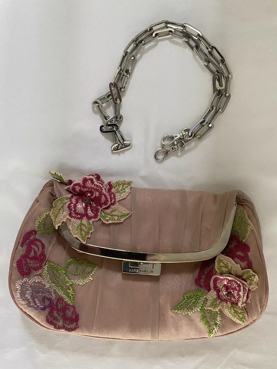 KAREN MILLEN LIGHT PINK SILK SHOULDER BAG CLUTCH SILVER HARDWARE