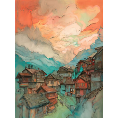 Dawn Atmospheric Clouds Mountain Village Alps Huge Wall Art Print Picture 18X24''