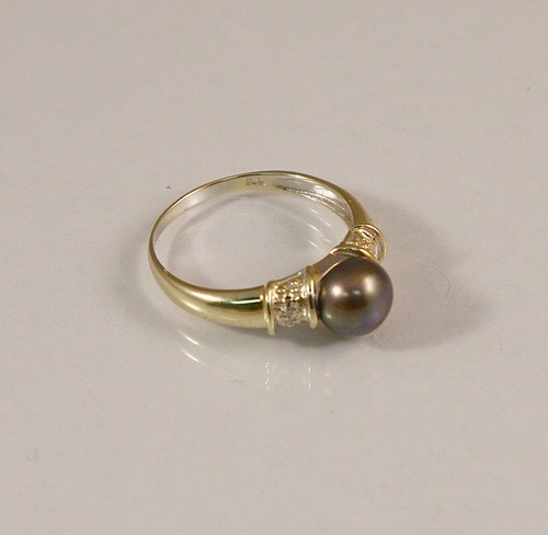 14k Gold / Sterling Silver Black Pearl & Diamond Chip Accent Ring Size 9.5 - Picture 2 of 3