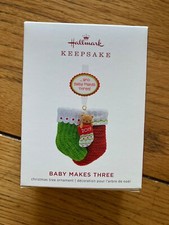2019 Hallmark BABY MAKES THREE Teddy Bear Stocking Keepsake Ornament 2.43"