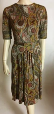 1950s True Vintage NOS Nelly Don organic Swirl Pattern Nylon Peplum Day Dress PS