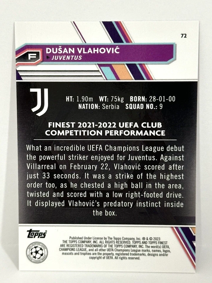 2022-23 Topps Finest UCL Juventus Dusan Vlahovic Black/Red Vaporwave /10 - Image 4 of 4