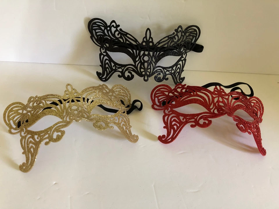 Glitter Open Scroll Work Masquerade Masks With Elastic Bands Mardi Gras Lot of 3 - Изображение 2 из 4