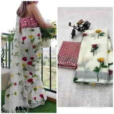 New Linen Cotton Sari With Unstitched Blouse Piece Party Wedding Wear For Women