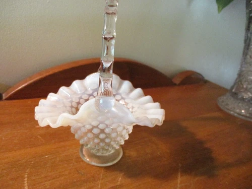 VINTAGE FENTON OPALESCENT WHITE HOBNAIL 6" RUFFLED EDGE BASKET