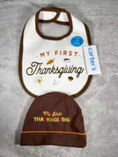 Lot of 2 My First Thanksgiving Baby Knit Cap Hat and Water Resistant Bib New