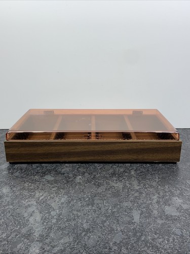 Rare Audio Cassette Storage Case 48 Capacity Slots W/ Hinged Brown Acrylic Cover - Picture 2 of 12