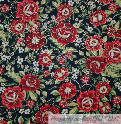 BonEful Fabric FQ Cotton Quilt Black Red Holiday Xmas Rose Flower Gold Metallic - Picture 1 of 13