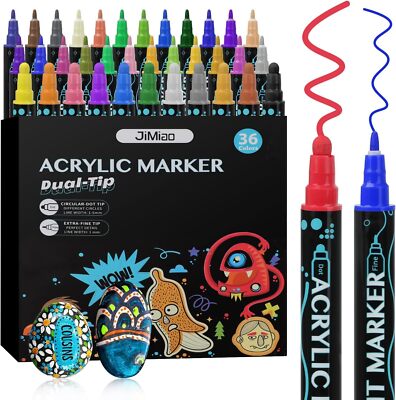 Pennarelli Acrilici A Doppia Punta Set 36 Colori - Asciugatura Rapida Per Pittura Su Roccia, Tessuto, Vetro, Legno