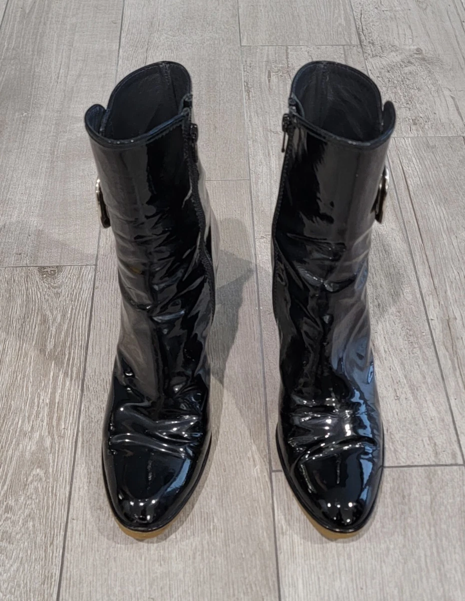 STUART WEITZMAN Black Patent Leather Silver Buckle Heeled Ankle