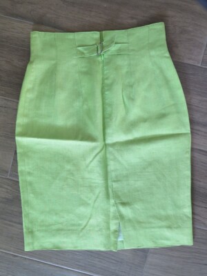 【 KENZO PARIS 】linen tight skirt 36 KENZO Paris Florescent Lime Green Linen Pencil Skirt Back