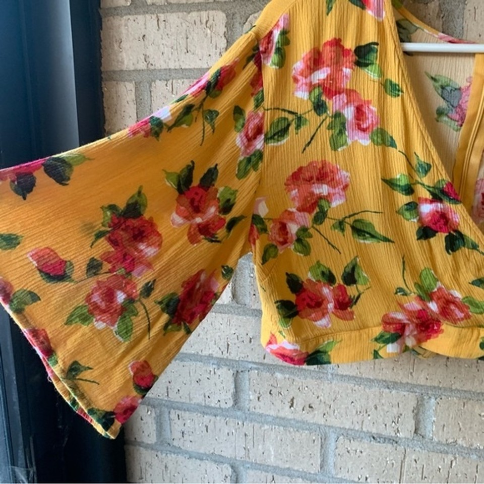 Ambience Yellow Floral Crop Top Flare Sleeves Wrap V Front Zipper