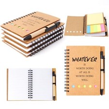 4 Pack Lined Spiral Notebook Kraft Paper Notepads w/ Pen In Holder, Sticky Notes