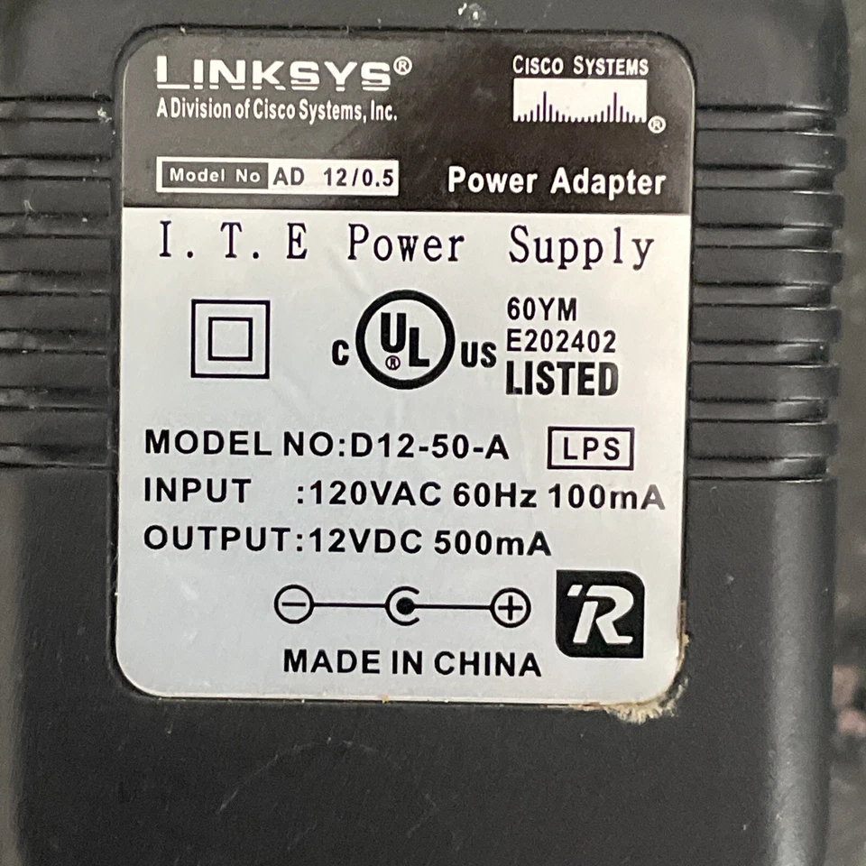 Genuine Linksys Cisco Systems Power Adapter I.T.E D12-50-A 12VDC 500mA Black - Image 2 of 3