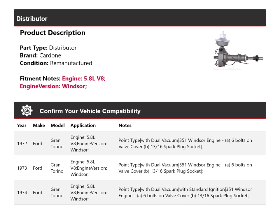Ford Gran Torino 1972-1974 5,8 L V8 distribuidor Cardone 1973 Foto 2 de 4