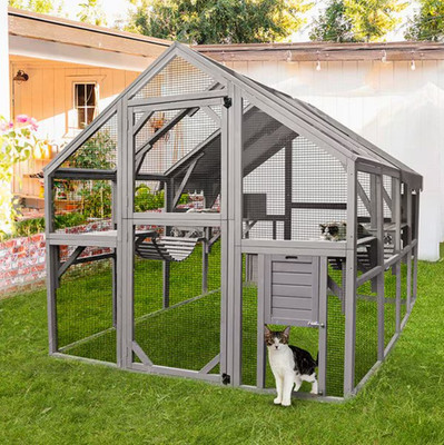 Aivituvin AIR52 Outdoor Wooden Cat House, Gray, Large, Open Box