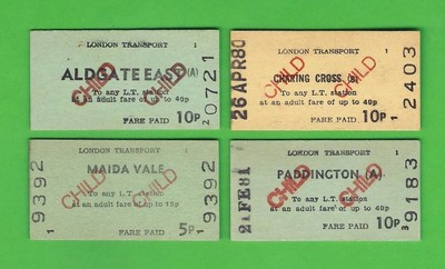 4 London Transport Underground Kindertickets - Aldgate East etc. - 70er/80er Jahre