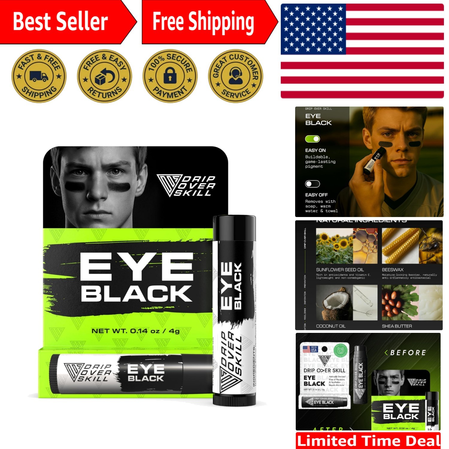 Black Abyss Eye Black & Face Paint Stick – Natural, Anti-Glare Formula, 0.14oz