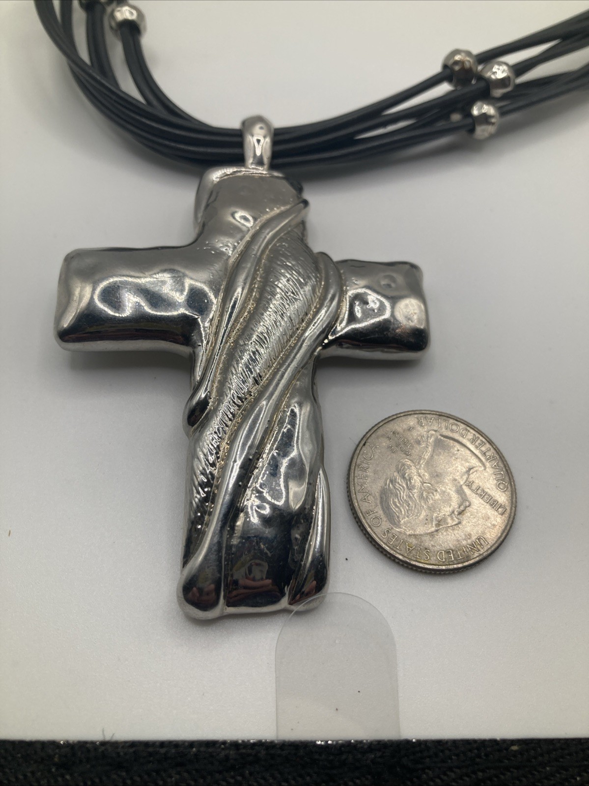 Black Multi Strand Stringed Large Silvertone Chri… - image 2