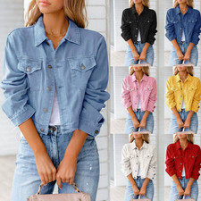 Women's Denim Jacket Button Down Long Sleeve Casual Cropped Coat Top Classic