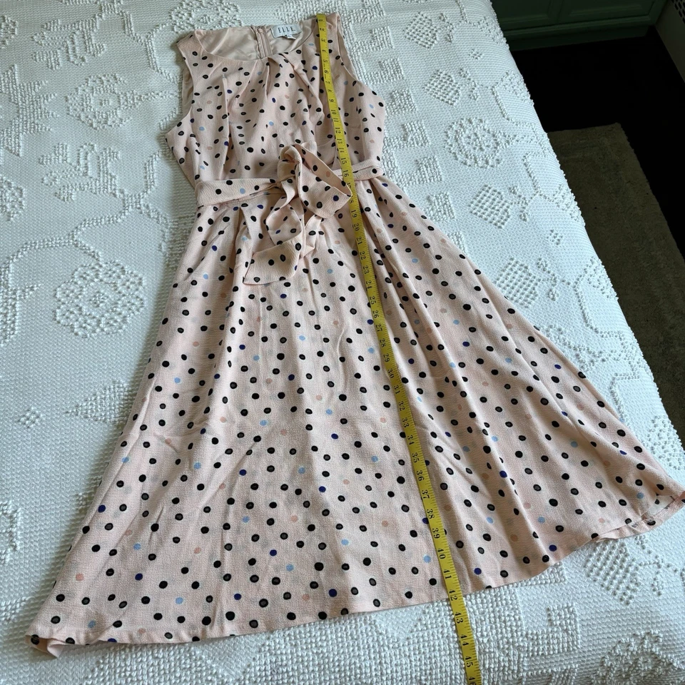Vestido midi Elle Mujer Talla 10 Rosa Pálido Lunares Sin Mangas Corbata Cintura Foto 3 de 4