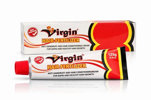 White and red Virgin Hair Fertilizer Anti Dandruff Conditioning Cream tube with black cap and red “New Improved” label.