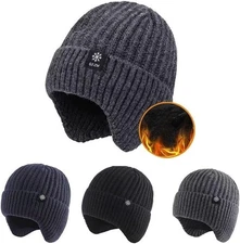 Men Winter Fleece Line Beanie with Earflap Outdoor Warm Thermal Knitted Hat Cap
