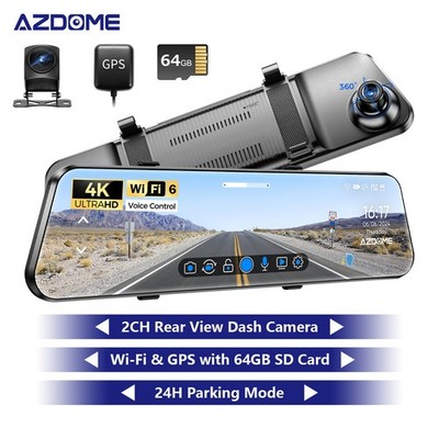 AZDOME 12''4K+1080P Rear View Mirror Dash Cam WiFi GPS Voice Control Parking Mode