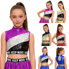 Girls Vest Sparkling Bra Training Crop Top Color Block Dancewear Sequins Latin