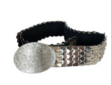 Vintage 1980S Stretch Glam Disco Belt W/ Silver Fish Scale Metal  Oval Textured