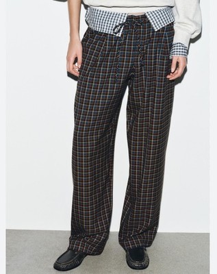 Zara Women's M Plaid Pajama Pants Blue Brown Check Drawstring Waist Trousers