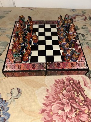Vintage Aztecs Vs Conquistadors Chess Set Hand Painted Pieces Folding Wooden Box