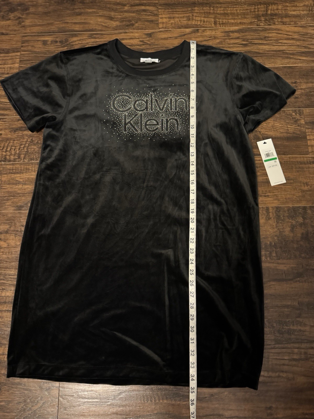 Calvin Klein Black Velour Velvet Black Embellished T-Shirt Dress NWT Size Large thumbnail 3