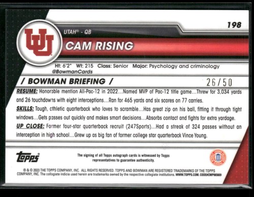 2023 Bowman Chrome U CAM RISING Gold Lava Auto /50 #198 UTAH FAST SHIP L928 - Picture 2 of 3