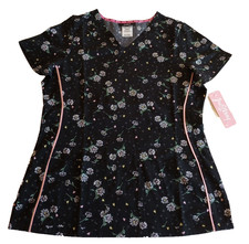 NWT HeartSoul Women's V-Neck Scrubs Top Shirt Hearts Flowers Black HS703 MEDIUM