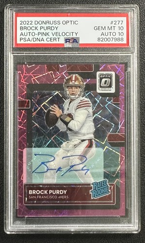 BROCK PURDY PSA 10 2022 DONRUSS OPTIC #277 ROOKIE AUTO PINK VELOCITY RC 9/50