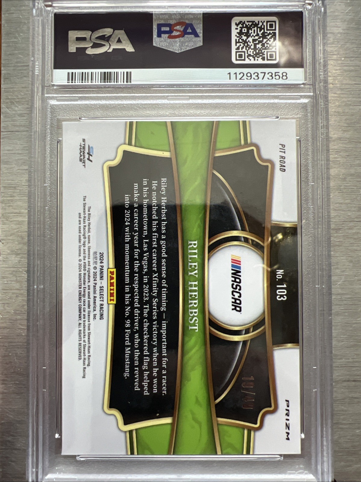 RILEY HERBST 2024 PANINI SELECT NASCAR BLACK & BLUE PRIZM #103 19/49 PSA 10 view 2