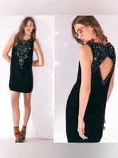 Ecote Black Velvet Beaded Mini Dress Backless Embellished Urban Outfitters XS