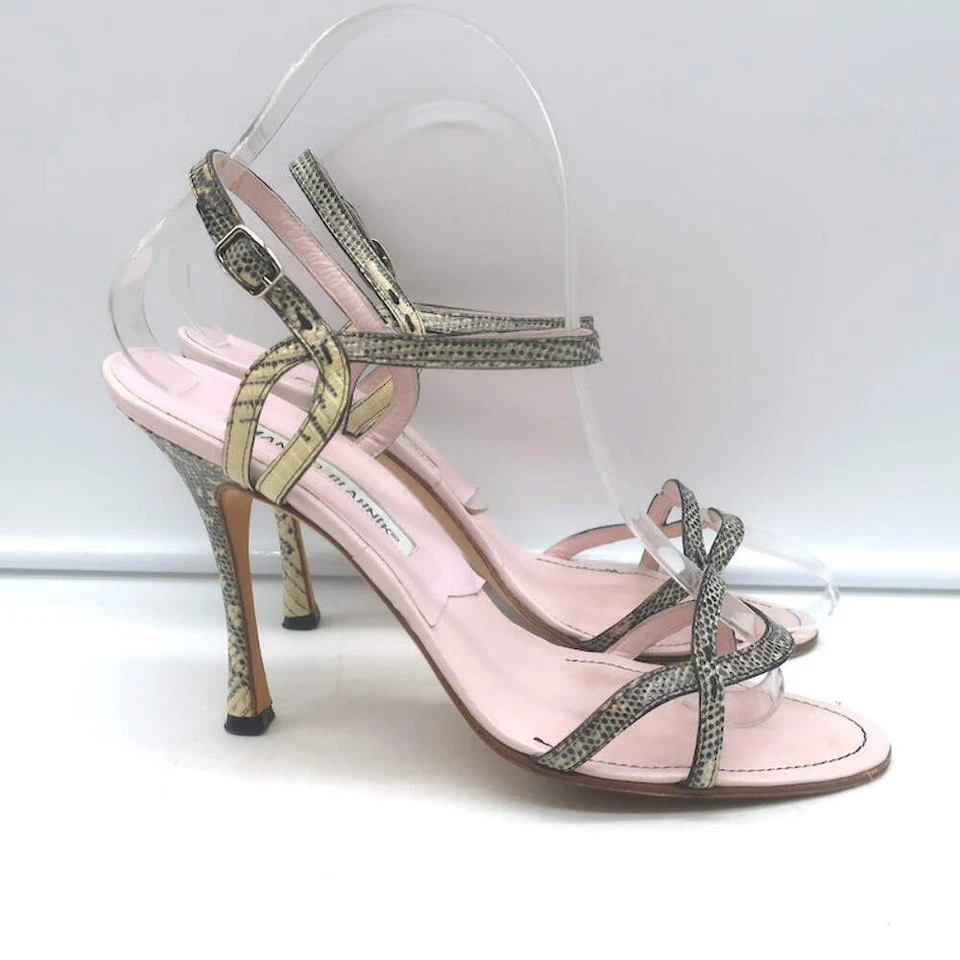Manolo Blahnik Iriedo Lizard Skin Ankle Strap Sandals Cream/Black Size 38.5 - Image 3 of 4